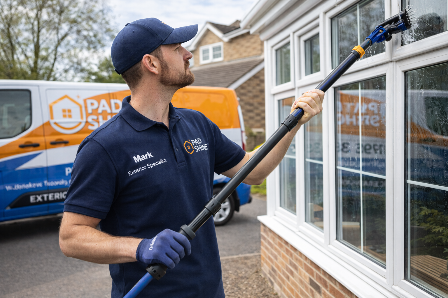 Mark from the Pad Shine team cleaning windows with a pure-water reach pole