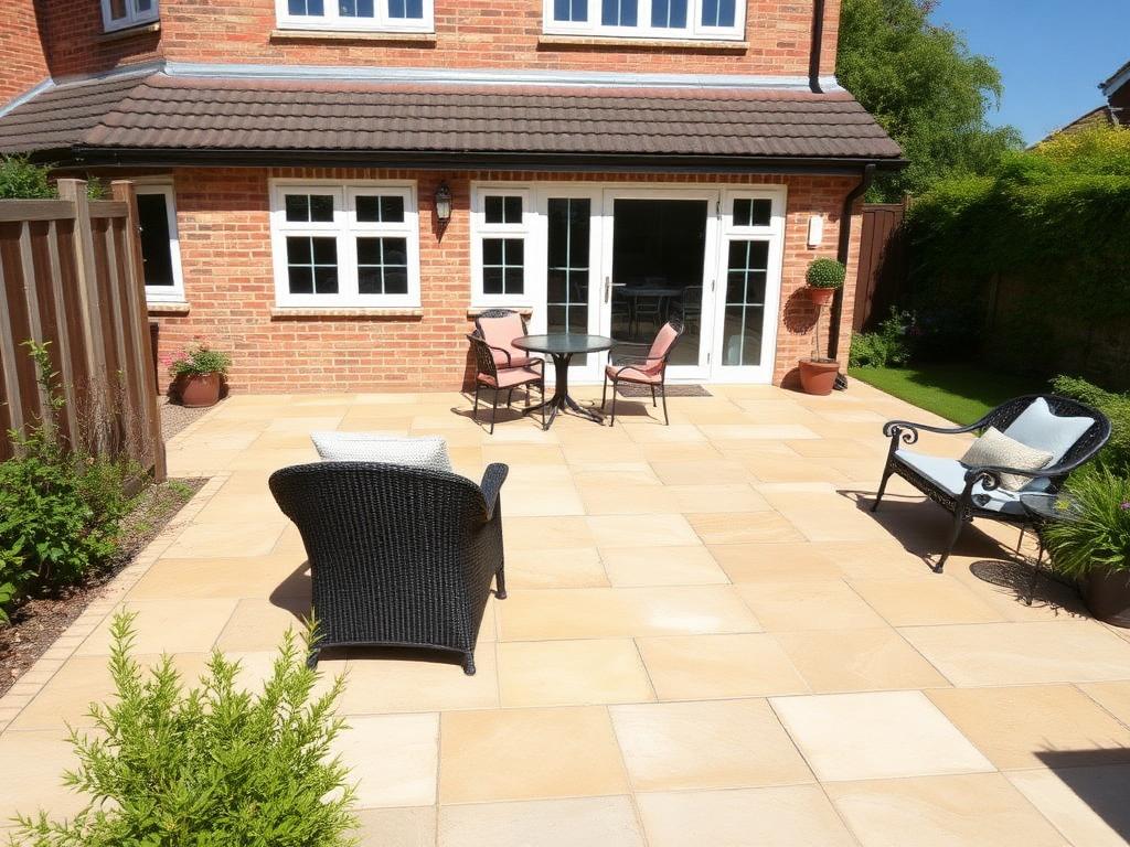 A freshly cleaned sandstone patio with garden furniture