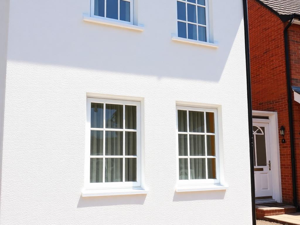 A freshly cleaned bright white rendered house exterior